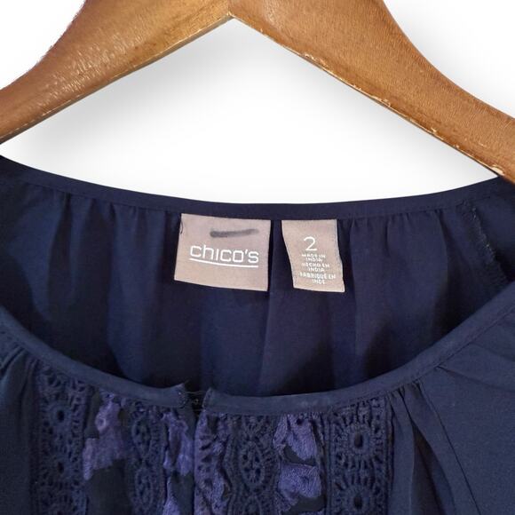Chico's Navy Blue Velvet Eyelet Lace Detail Peasant Top Womens Size 2 Large Boho - Picture 2 of 10